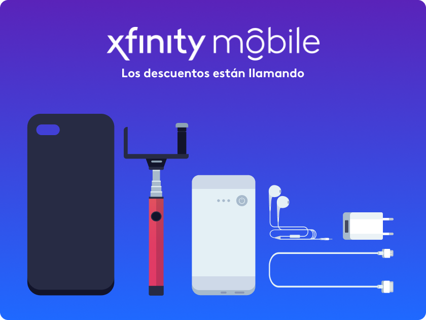 Ilustración de Xfinity mobile descuentos están llamando con estuche, batería auriculares y cargador de teléfono